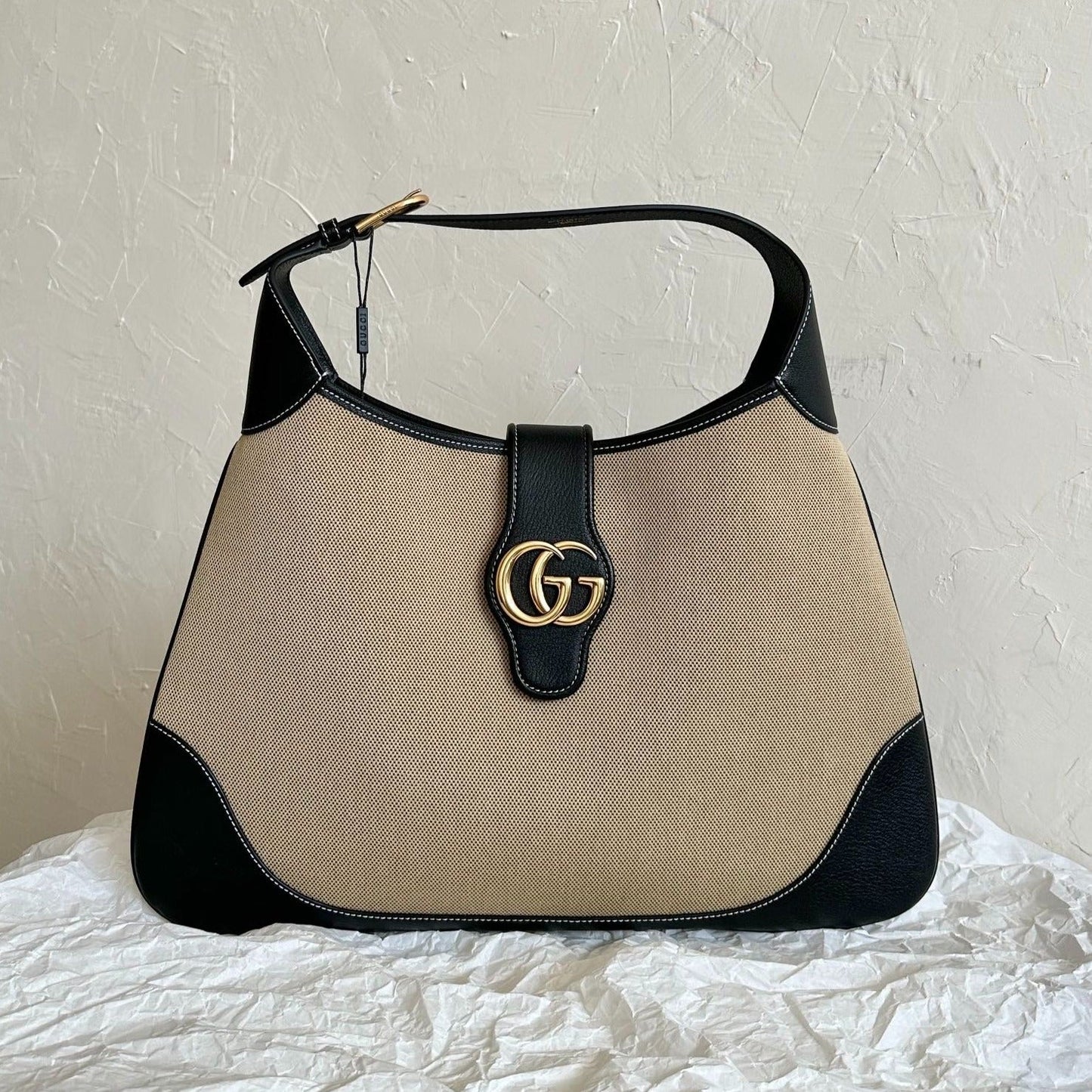 Luxury Gucci LARGE APHRODITE 47 BAG BEIGE CANVAS AND BLACK CALFSKIN