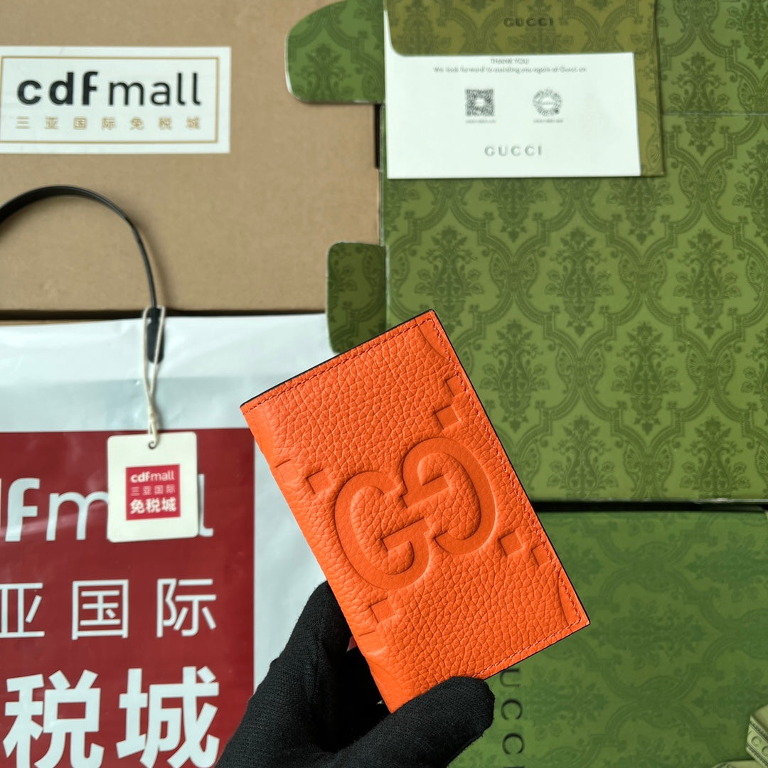 Luxury Gucci CARD HOLDER 12 IN ORANGE EMBOSSED CALFSKIN