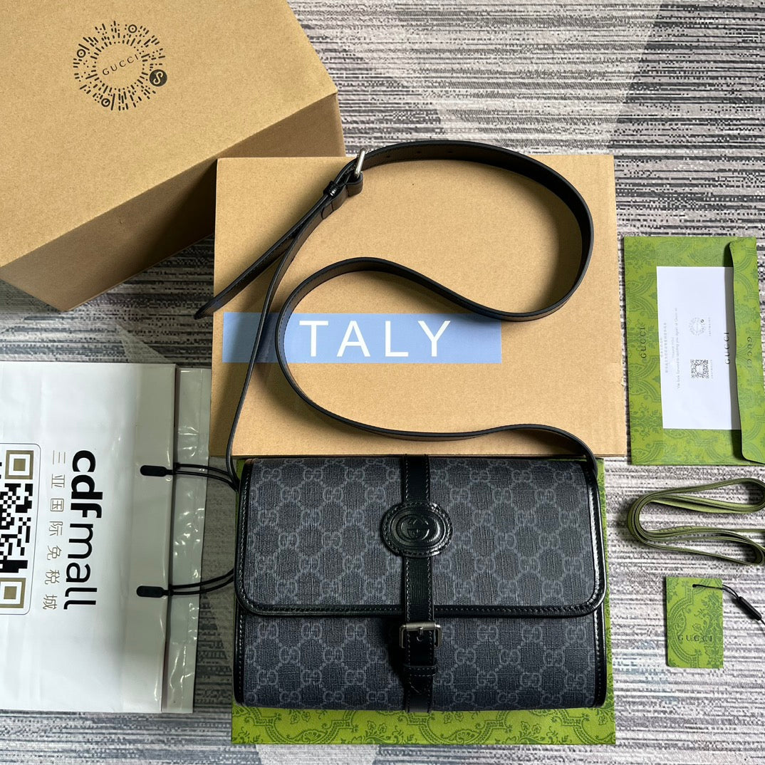 Luxury Gucci MESSENGER BAG 25 IN DARK GREY CANVAS ANG BLACK CALFSKIN