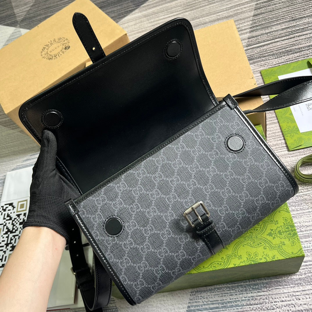 Luxury Gucci MESSENGER BAG 25 IN DARK GREY CANVAS ANG BLACK CALFSKIN