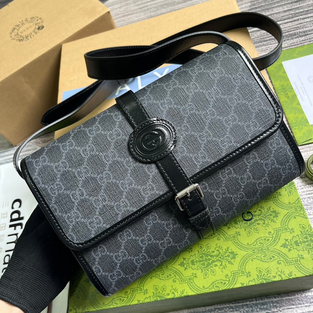 Luxury Gucci MESSENGER BAG 25 IN DARK GREY CANVAS ANG BLACK CALFSKIN