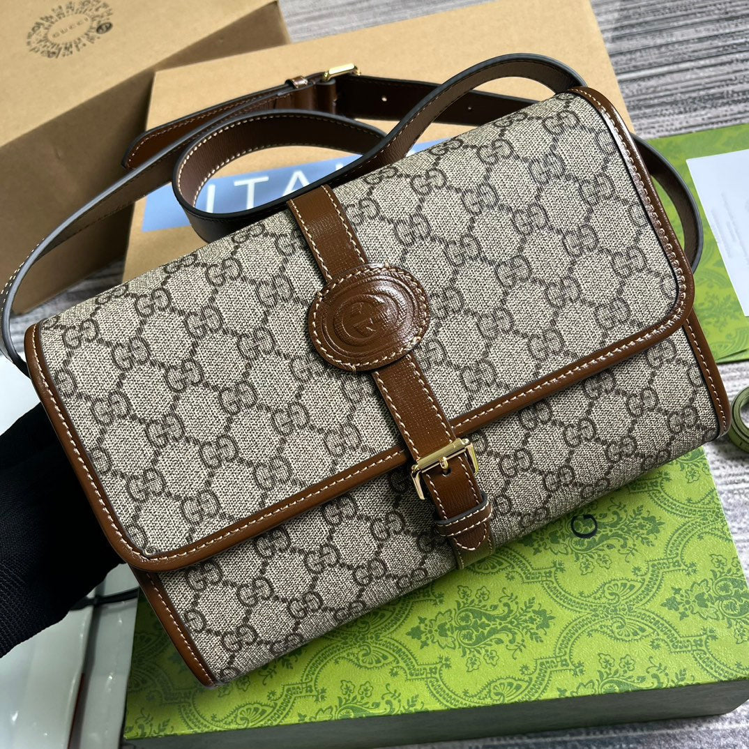 Luxury Gucci MESSENGER BAG 25 IN BEIGE CANVAS ANG BROWN CALFSKIN
