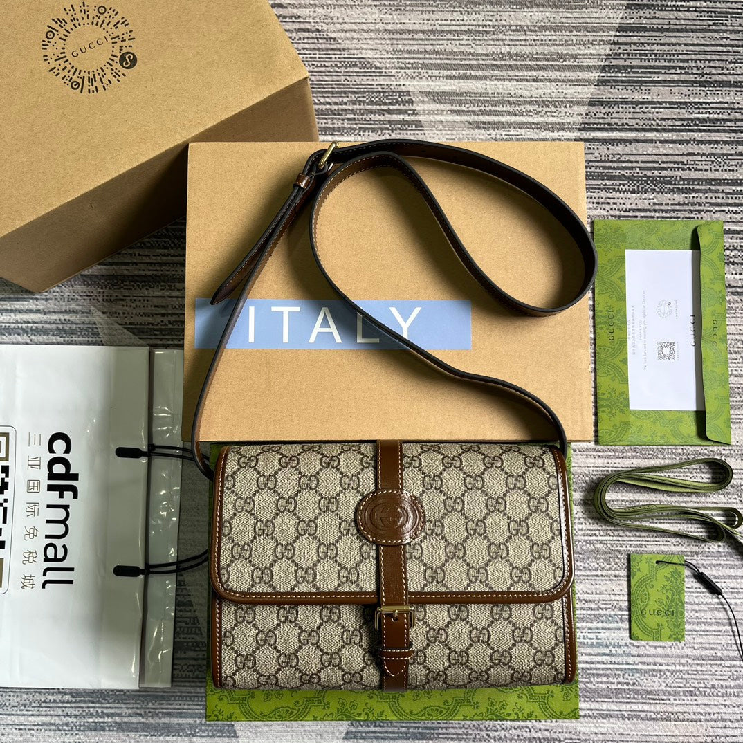 Luxury Gucci MESSENGER BAG 25 IN BEIGE CANVAS ANG BROWN CALFSKIN