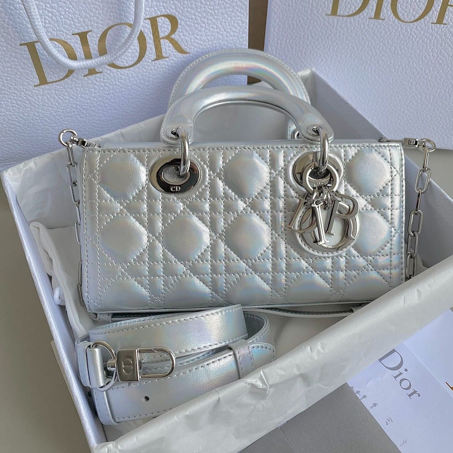Luxury DiorD-JOY BAG 22 IN SILVER LAMBSKIN