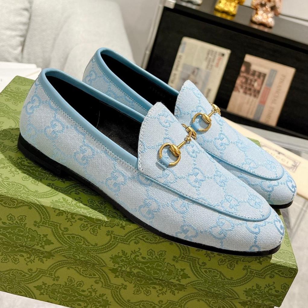 Luxury Gucci MEN'S LOAFER WITH HORSEBIT IN LIGHT BLUE MONOGRAM JACQUARD FABRIC
