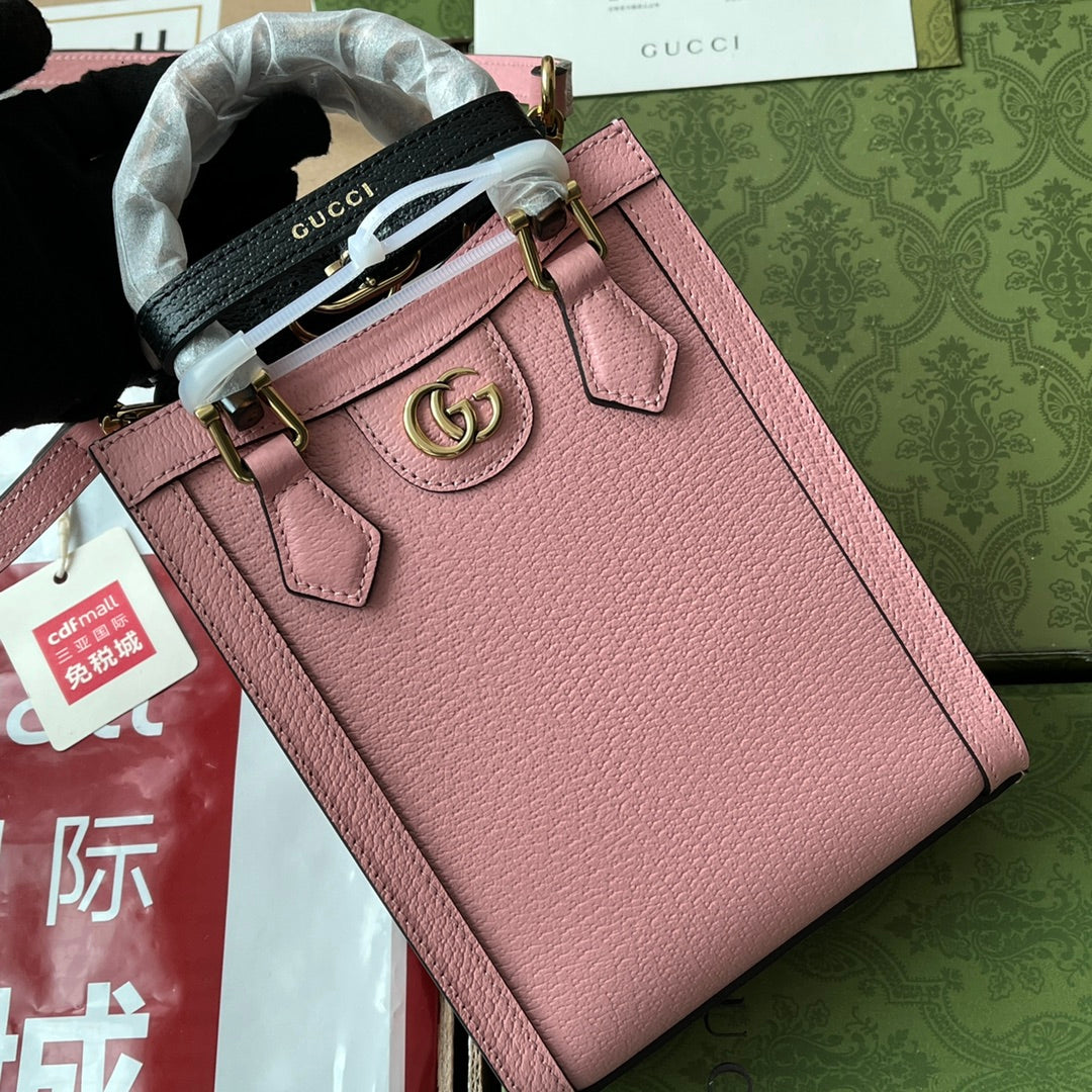 Luxury Gucci DIANA TOTE BAG 19 IN PINK LAMBSKIN WITH BAMBOO HANDLE