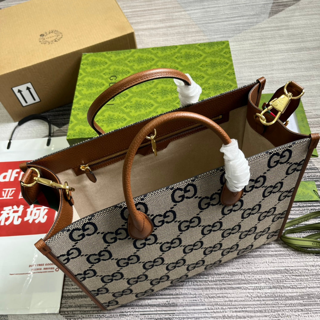 Luxury Gucci GG LARGE 37 TOTE BAG IN GREY CANVAS AND BROWN CALFSKIN