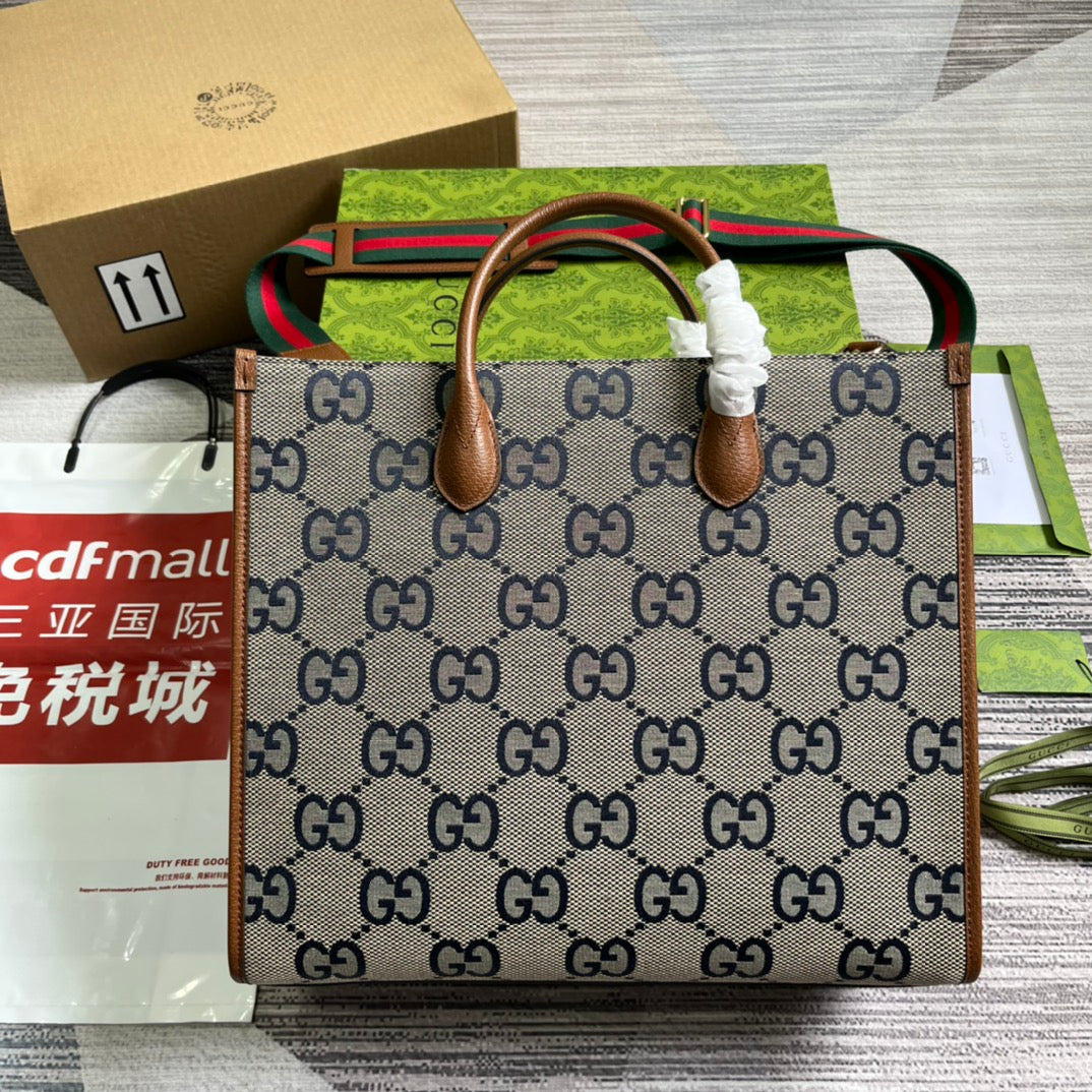 Luxury Gucci GG LARGE 37 TOTE BAG IN GREY CANVAS AND BROWN CALFSKIN