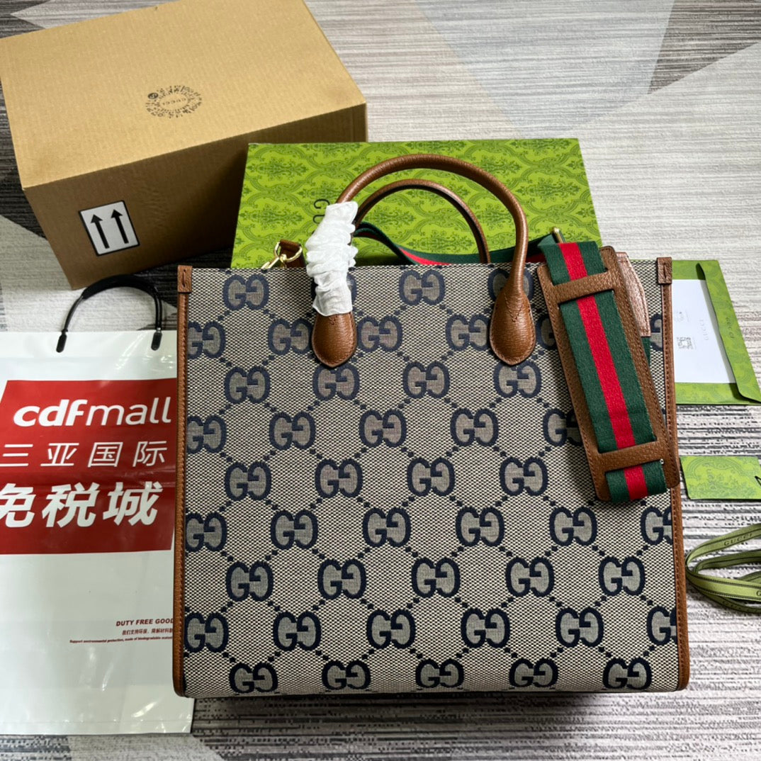 Luxury Gucci GG LARGE 37 TOTE BAG IN GREY CANVAS AND BROWN CALFSKIN
