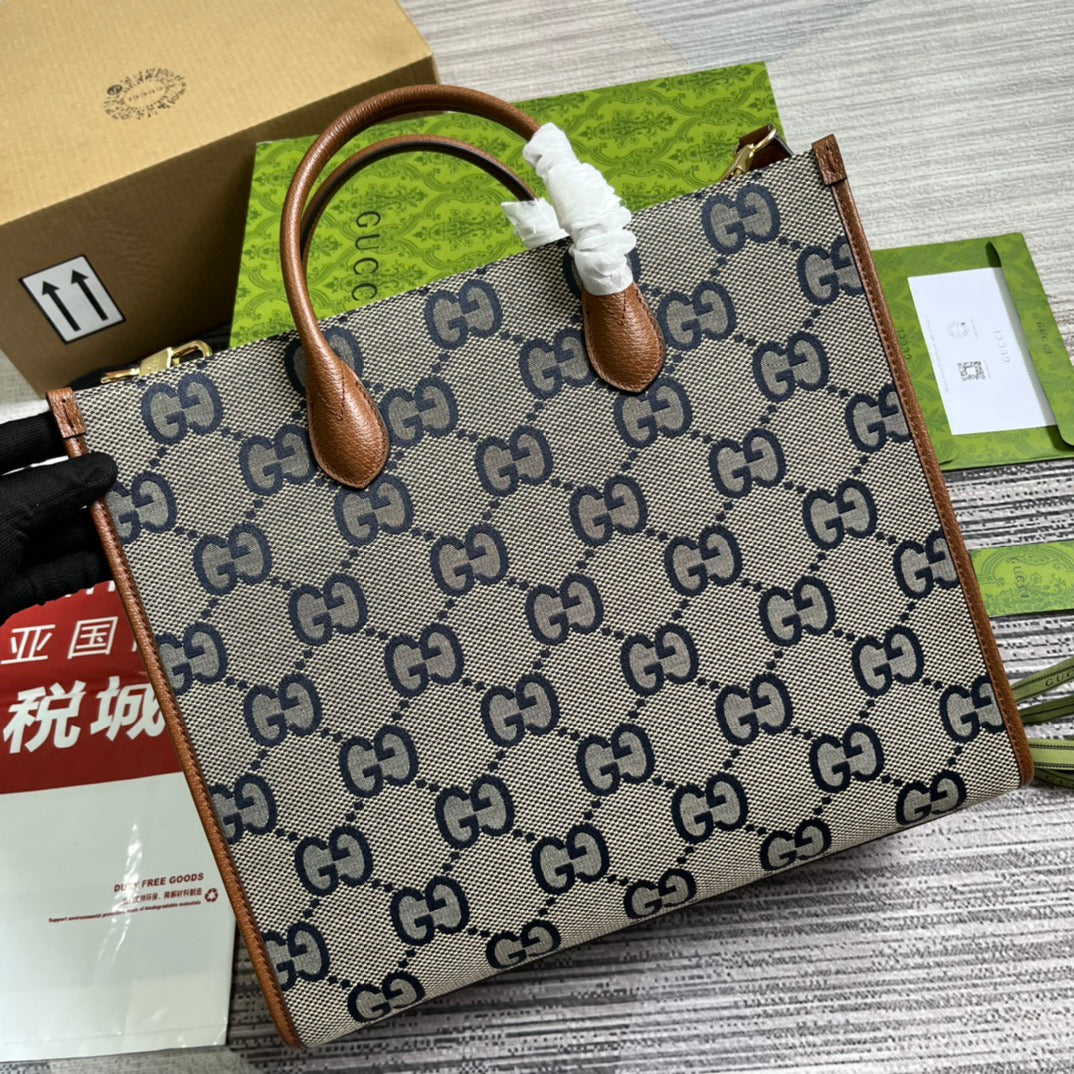 Luxury Gucci GG LARGE 37 TOTE BAG IN GREY CANVAS AND BROWN CALFSKIN