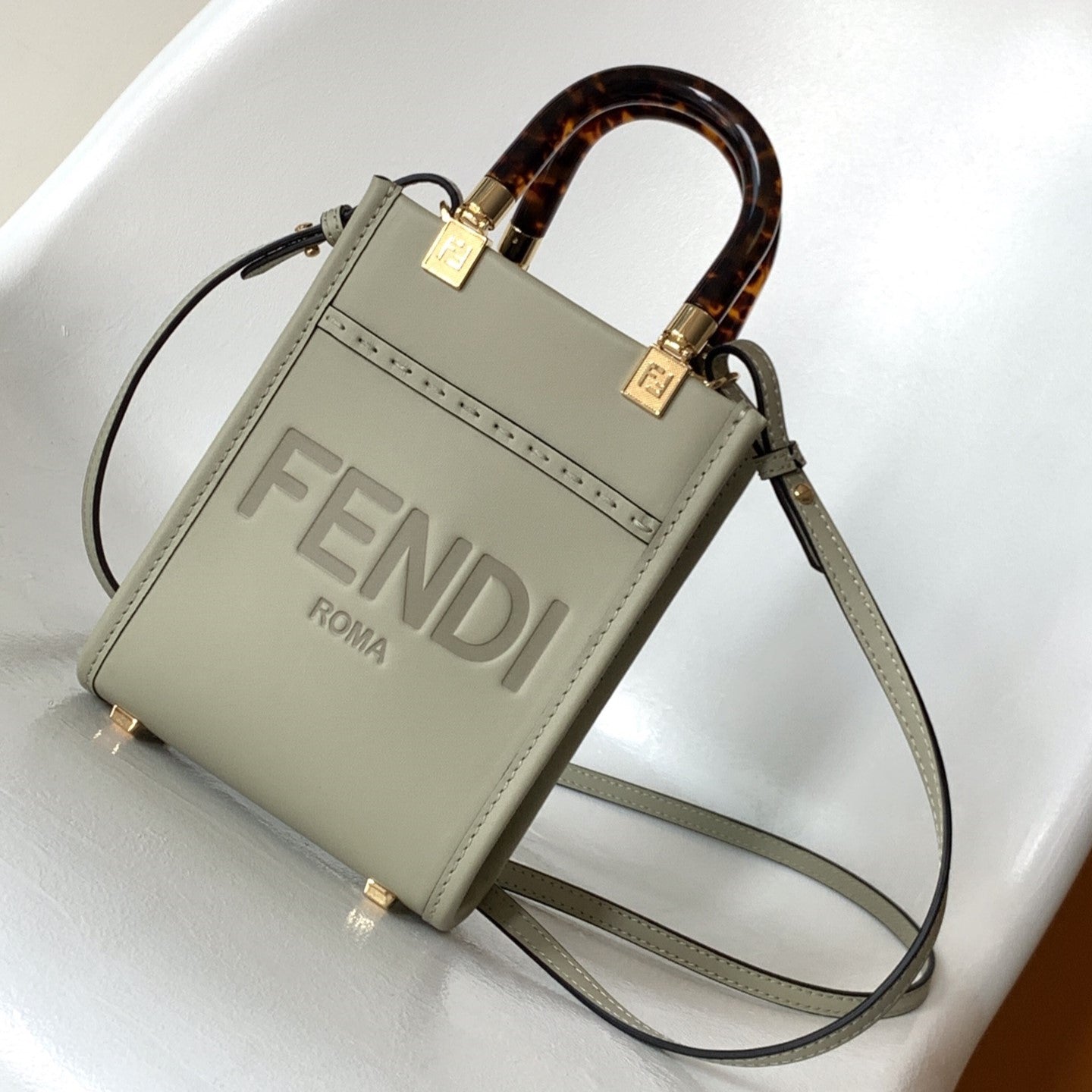 Luxury FendiFend Mini Sunshine Shopper Bag 18 Light Grey Leather