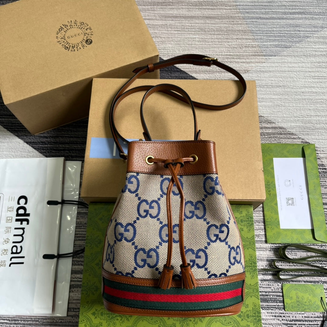 Luxury Gucci GG OPHIDIA SMALL 26 BUCKET BAG IN BEIGE CANVAS AND BROWN CALFSKIN