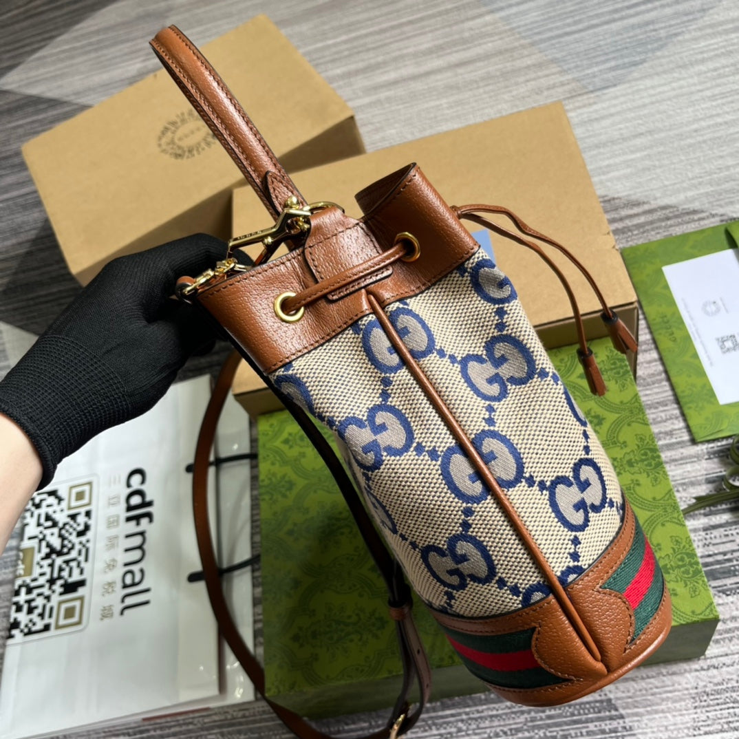 Luxury Gucci GG OPHIDIA SMALL 26 BUCKET BAG IN BEIGE CANVAS AND BROWN CALFSKIN