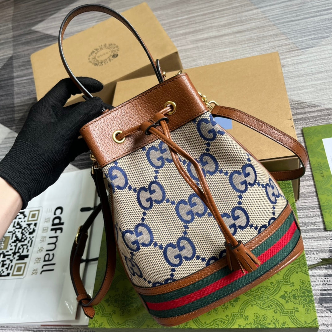 Luxury Gucci GG OPHIDIA SMALL 26 BUCKET BAG IN BEIGE CANVAS AND BROWN CALFSKIN