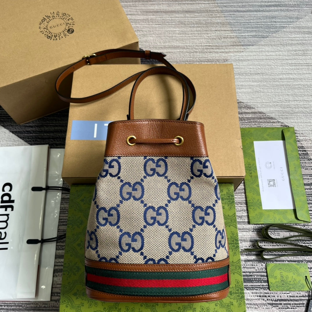 Luxury Gucci GG OPHIDIA SMALL 26 BUCKET BAG IN BEIGE CANVAS AND BROWN CALFSKIN