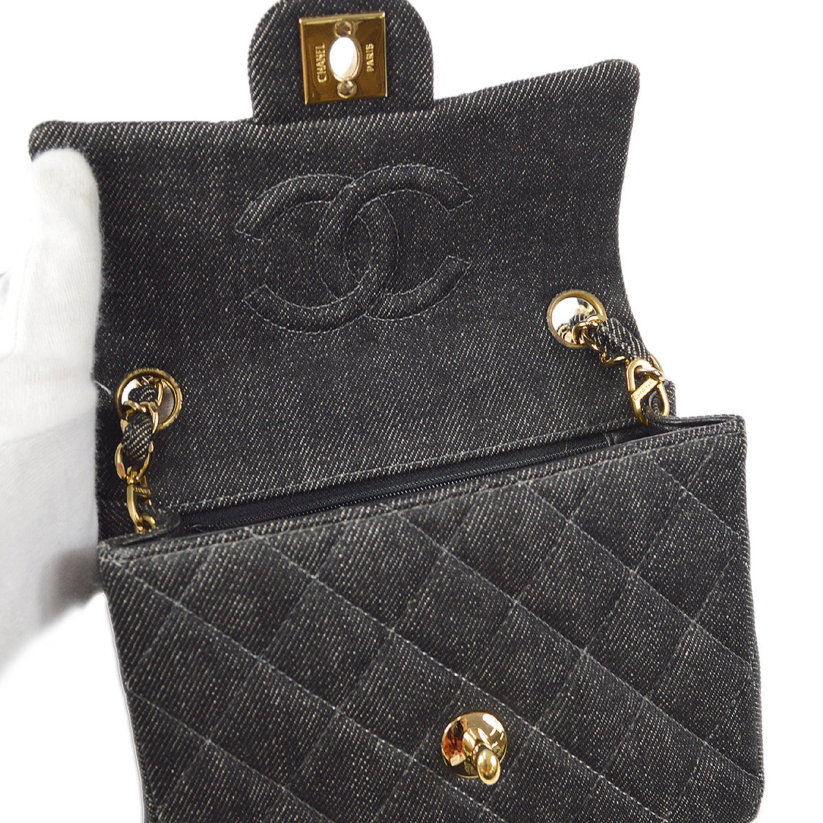 CHANEL 2001-2003 Classic Flap Mini Square 17 Black Denim 88001
