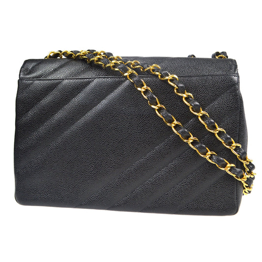 CHANEL 1994-1996 Diagonal Stitch Straight Flap Jumbo Black Caviar 88112