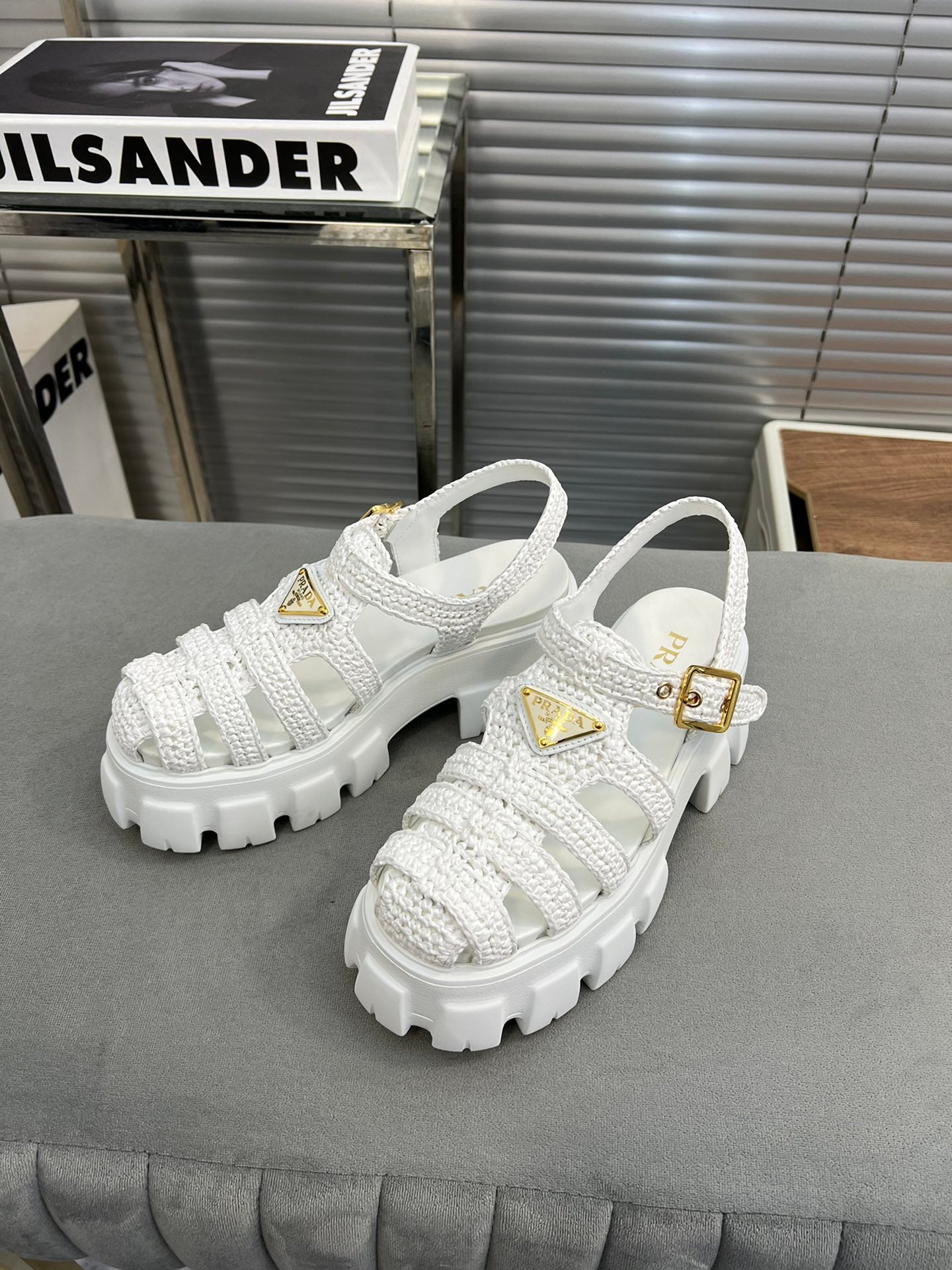 Luxury PradaMonolith Crochet Cage Sandals 55 White