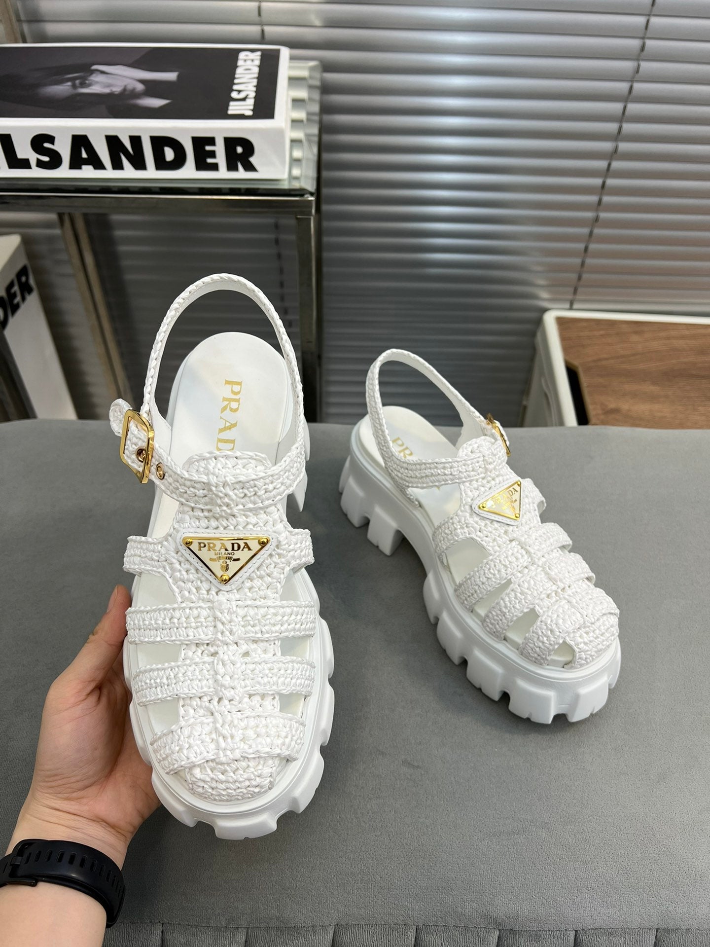 Luxury PradaMonolith Crochet Cage Sandals 55 White