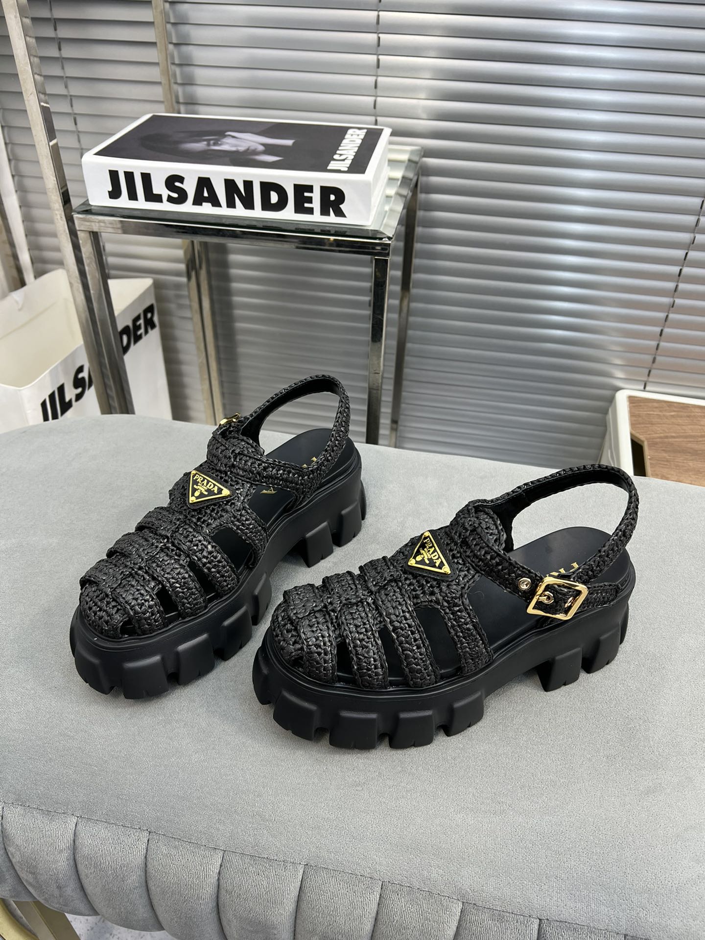 Luxury PradaMonolith Crochet Cage Sandals 55 Black