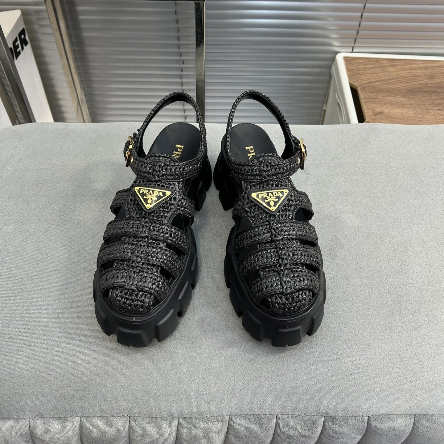 Luxury PradaMonolith Crochet Cage Sandals 55 Black