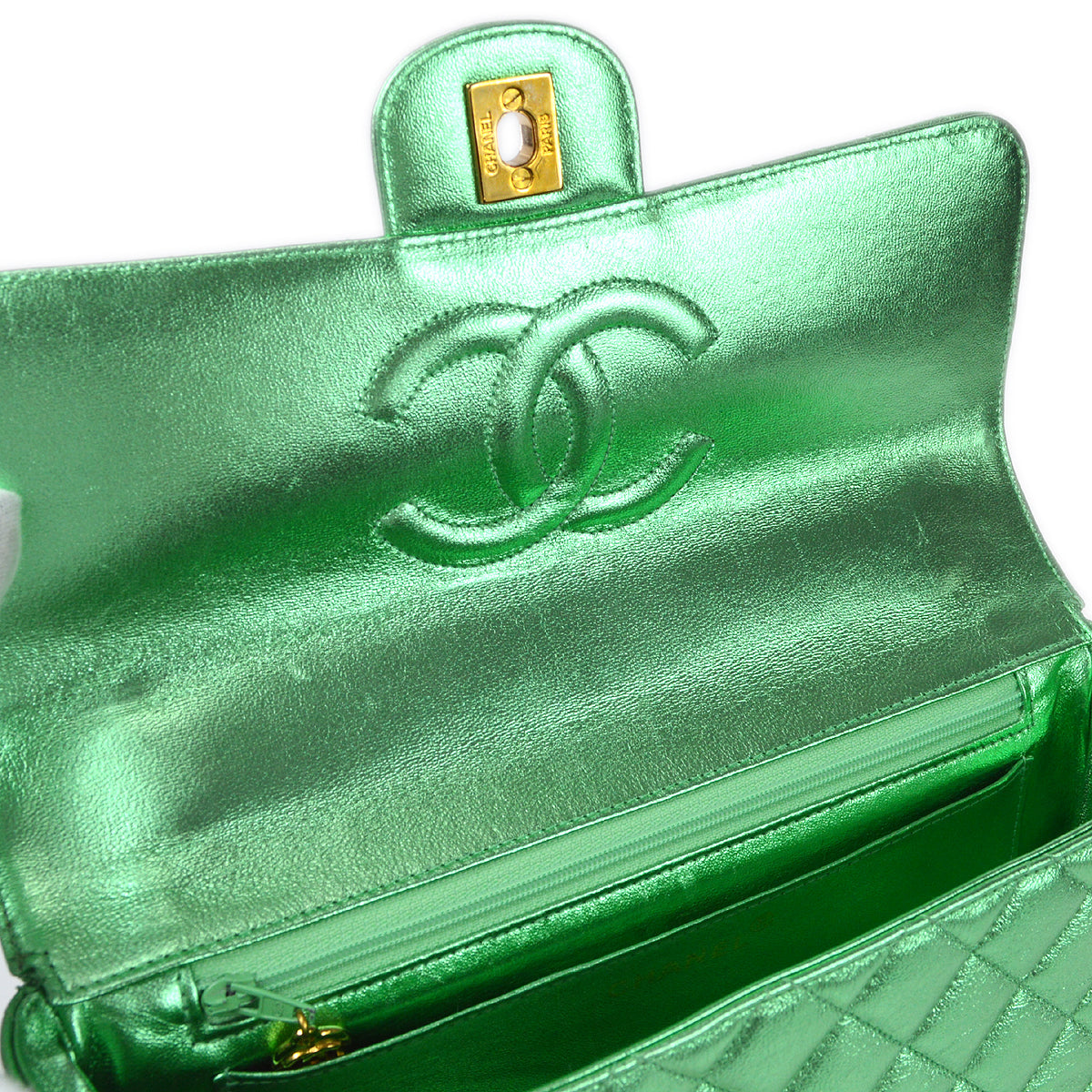 CHANEL 1994 Classic Flap Handbag Medium Metallic Green Lambskin 66857
