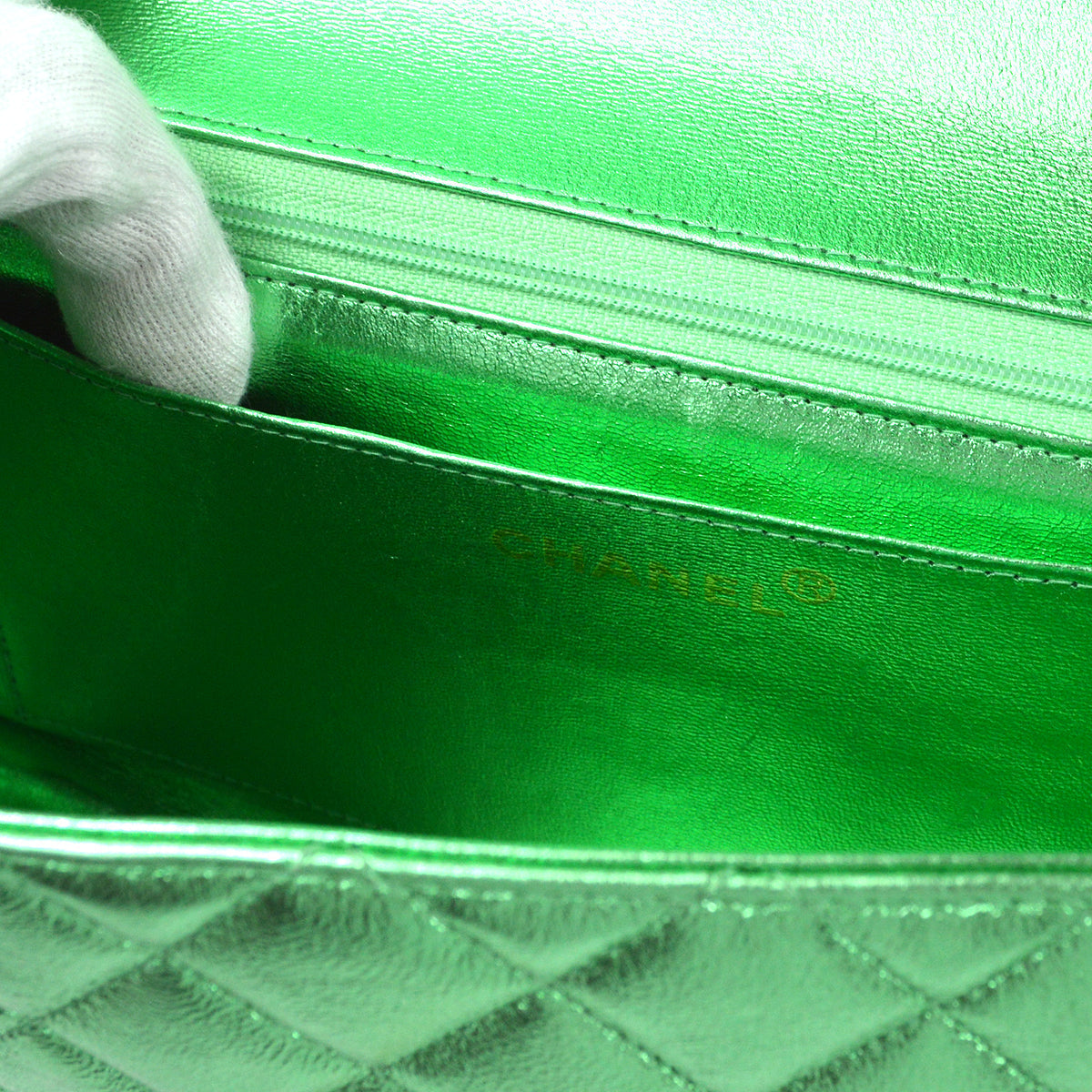 CHANEL 1994 Classic Flap Handbag Medium Metallic Green Lambskin 66857