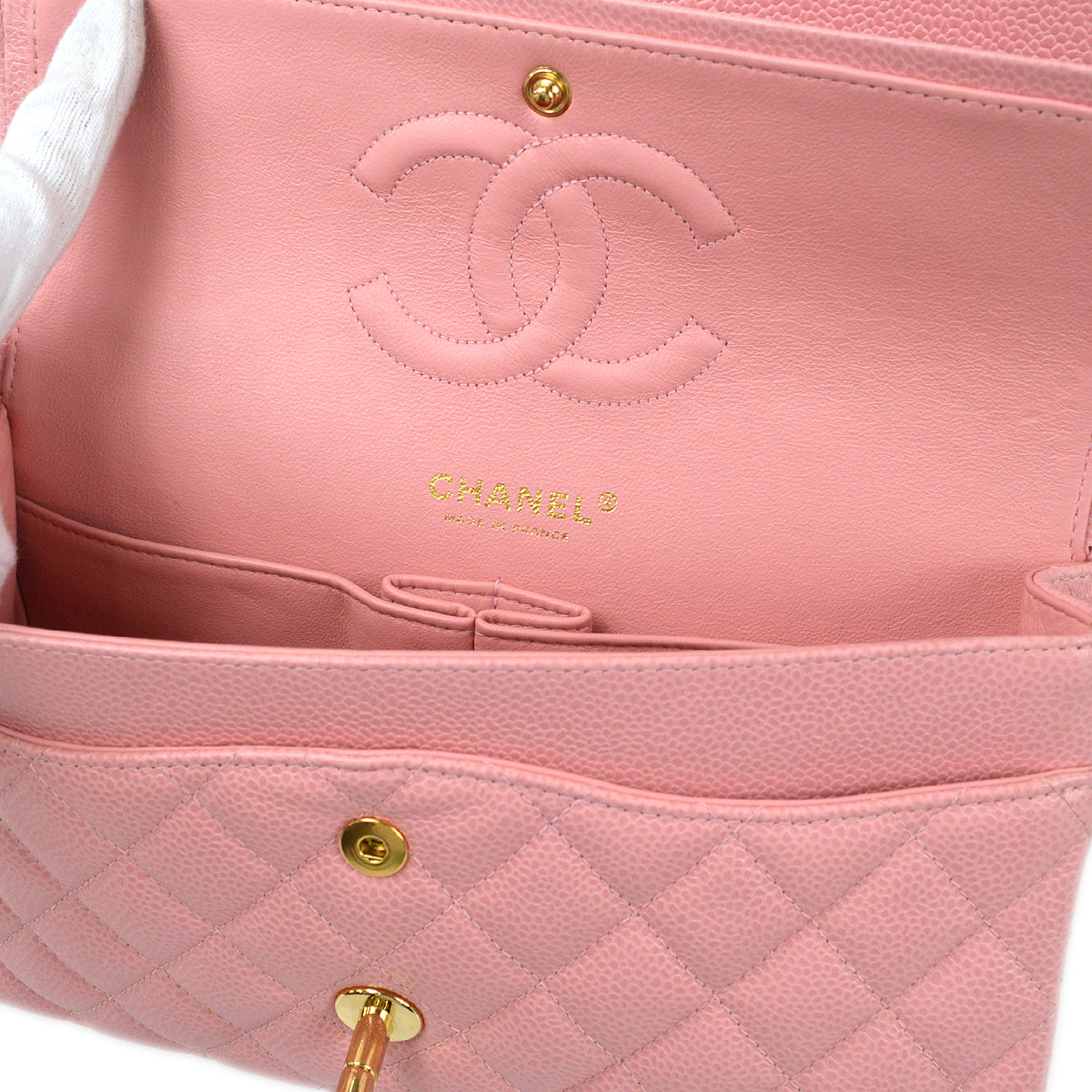 CHANEL Classic Double Flap Medium Shoulder Bag Pink Caviar 87881