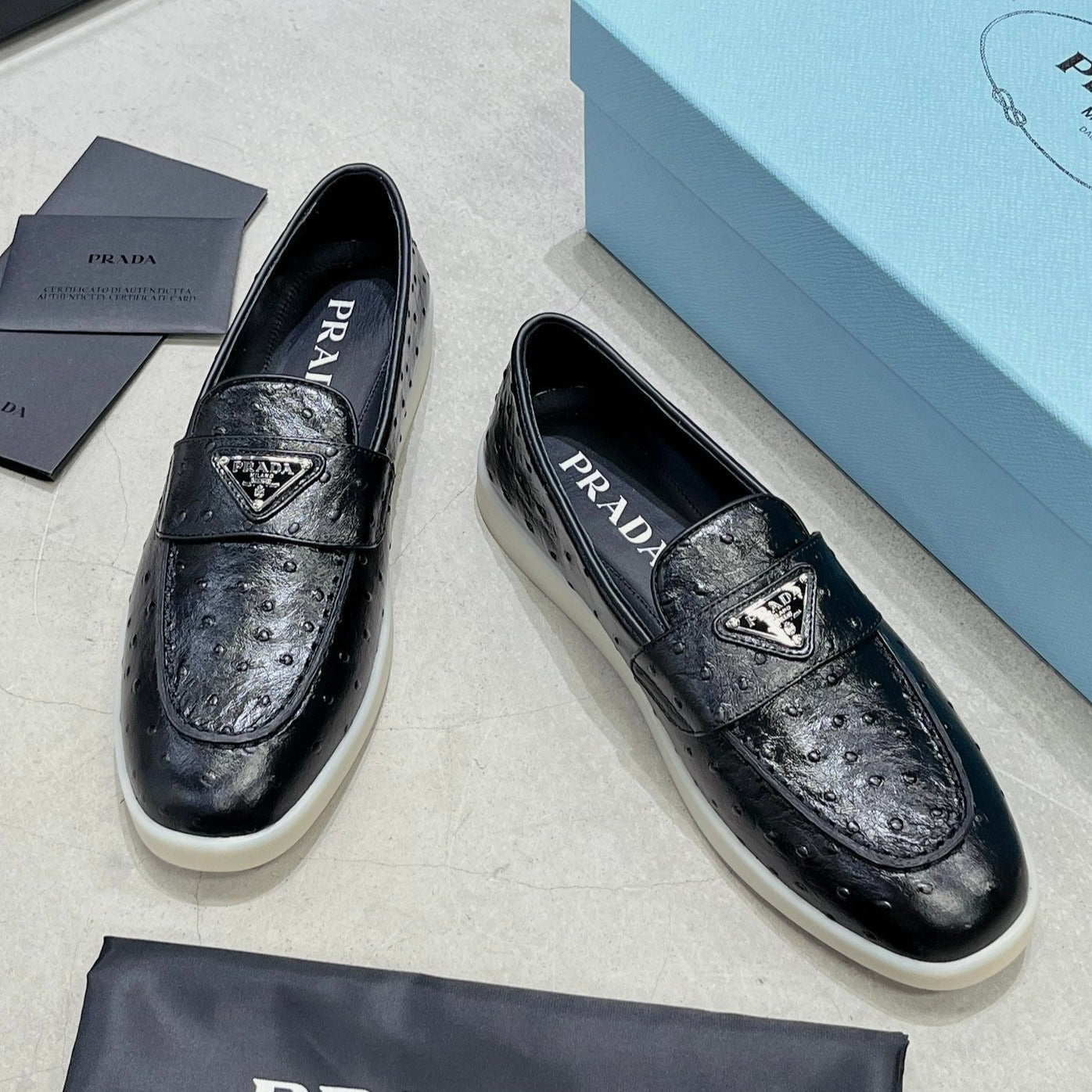 Luxury PradaOSTRICH PATTERN LOAFERS BLACK CALFSKIN