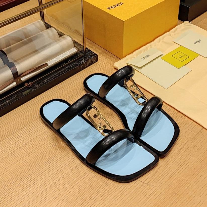 Luxury FendiLuxury FendiO'LOCK SLIDES BLACK AND LIGHT BLUE CALFSKIN WITH GOLD HARDWARE