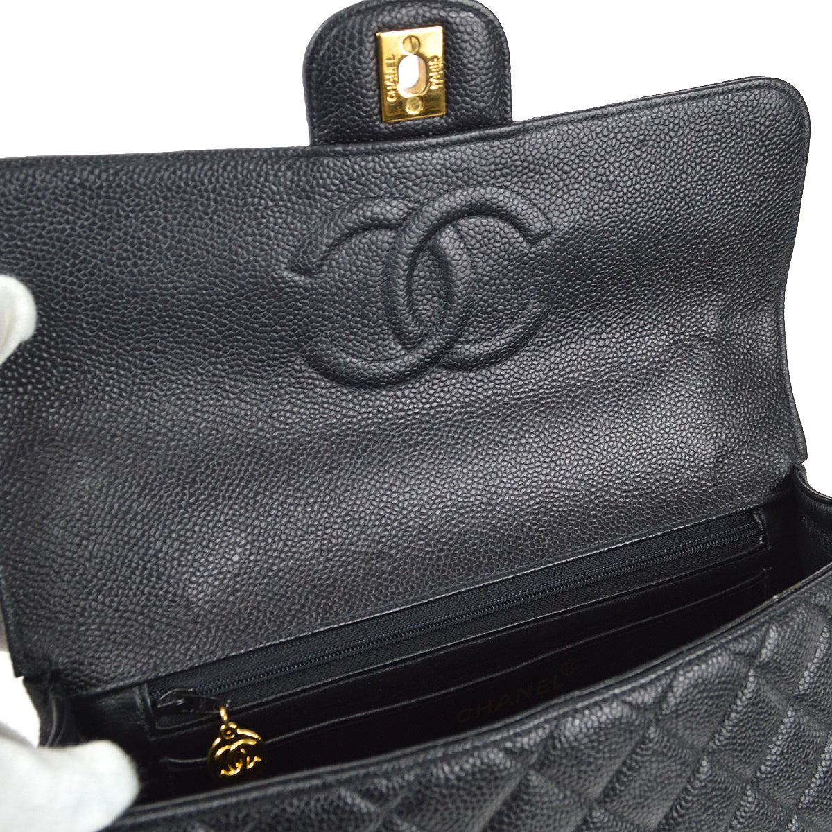 CHANEL 1994 Classic Flap Handbag Medium Black Caviar 78302