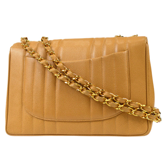CHANEL 1991-1994 Big CC Vertical Stitch Classic Flap Jumbo Beige Caviar 87063