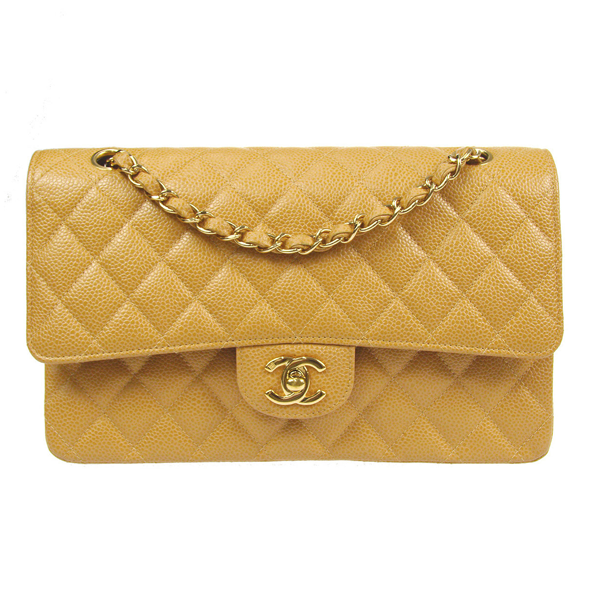 CHANEL 2003-2004 Classic Double Flap Medium Beige Caviar 66827