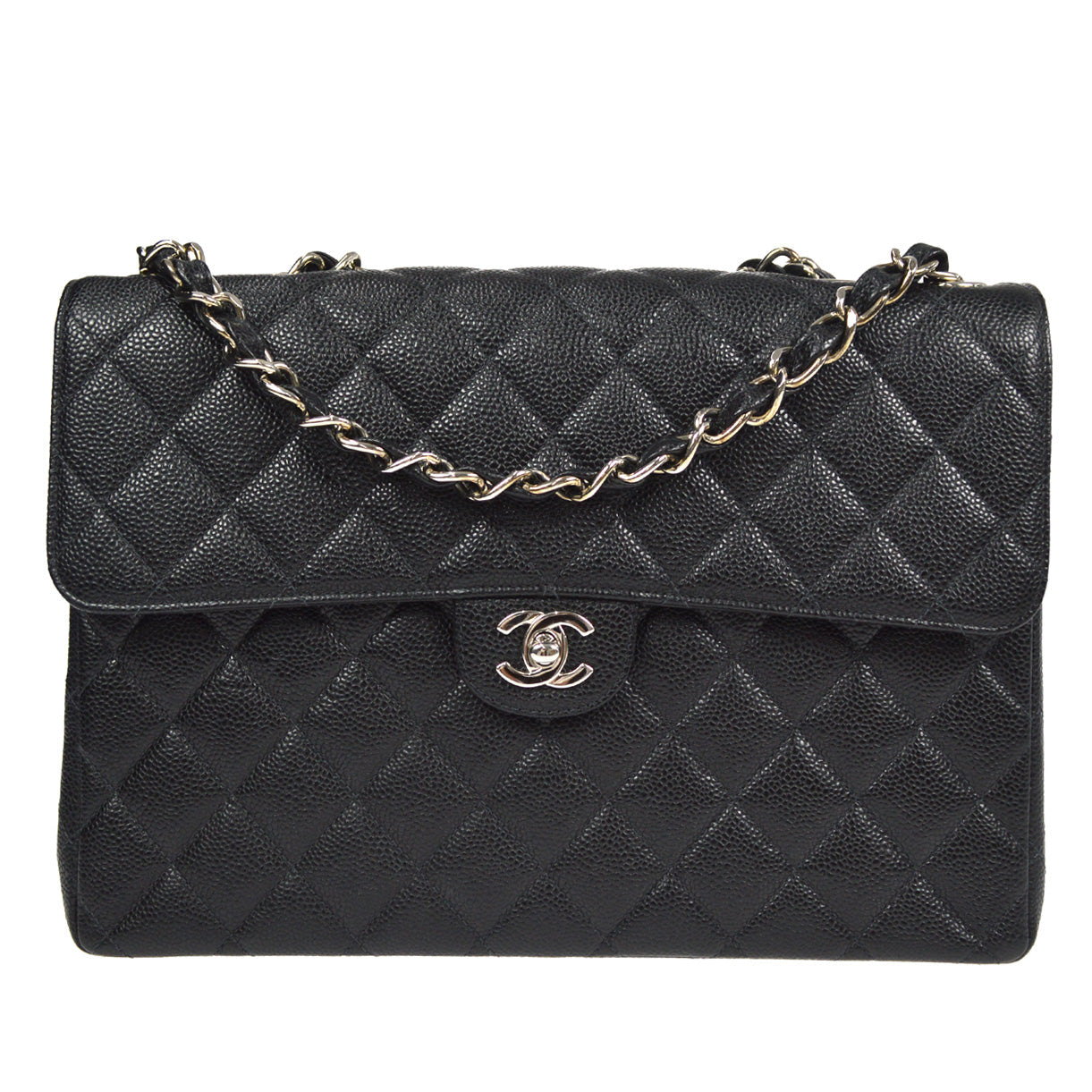 CHANEL Classic Flap Jumbo Double Chain Shoulder Bag Black Caviar 87978