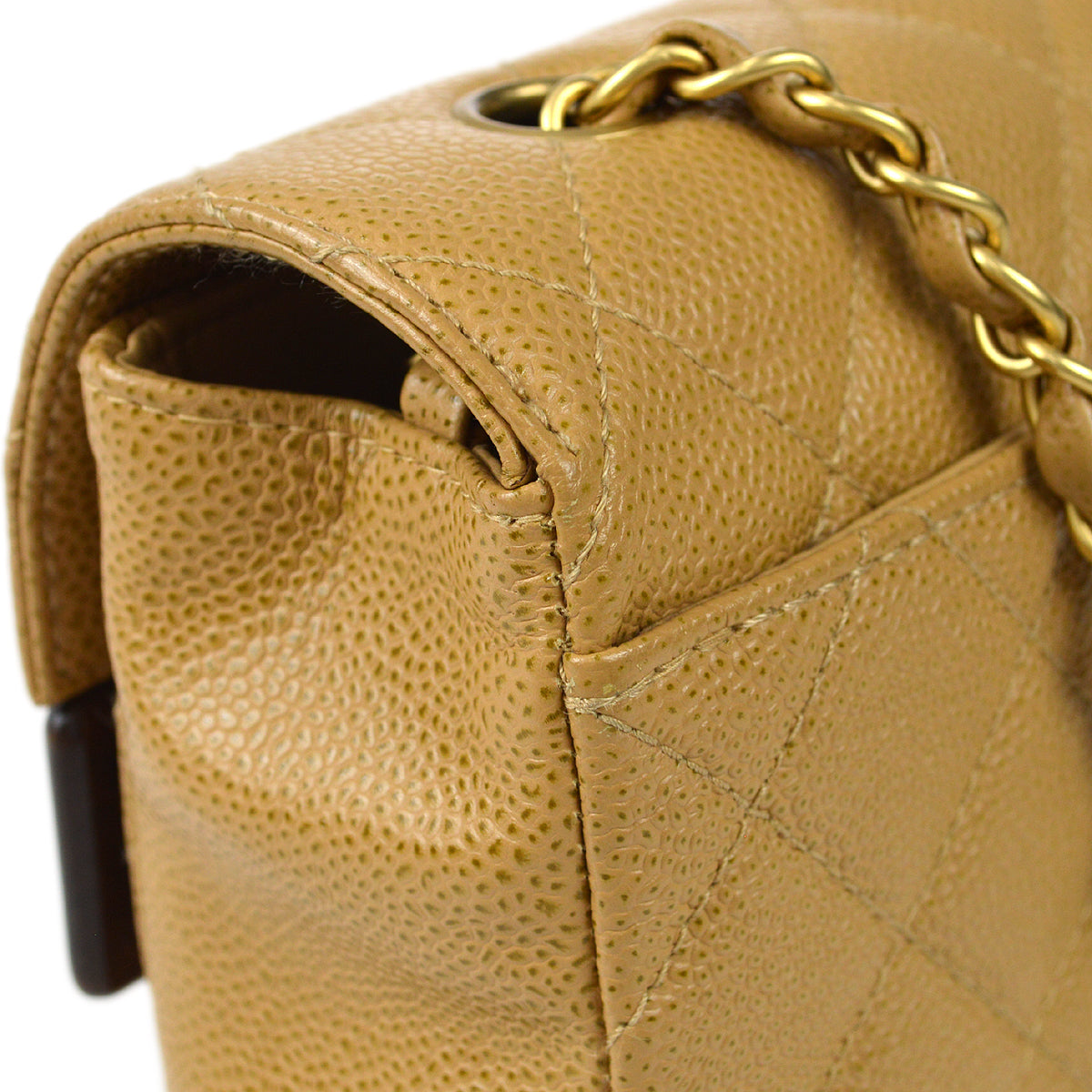 CHANEL * 2003-2004 Wood Detailed Strait Flap Small Beige Caviar 97686