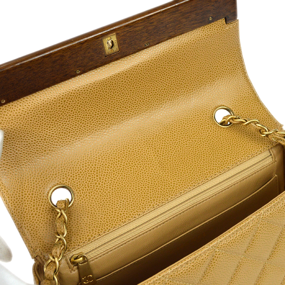 CHANEL * 2003-2004 Wood Detailed Strait Flap Small Beige Caviar 97686
