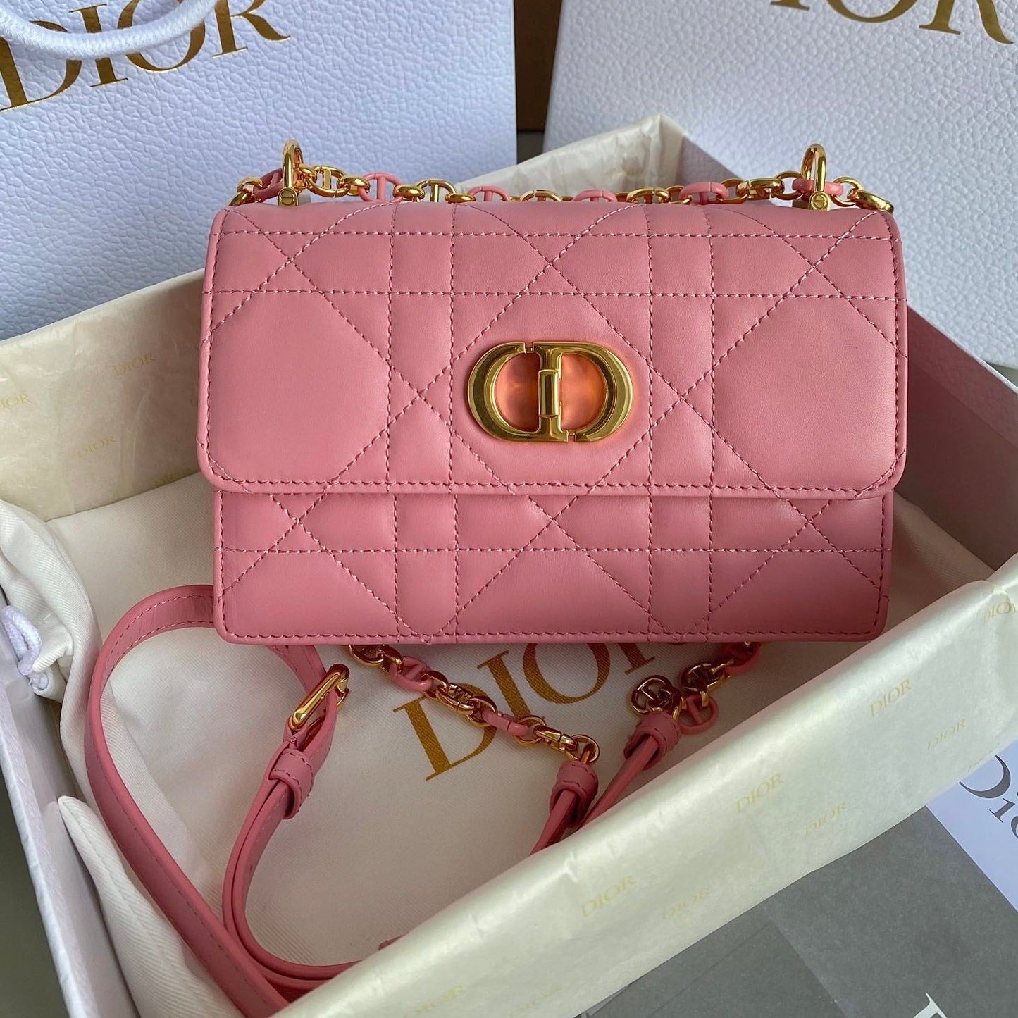 Luxury DiorMINI CHAIN BAG 17 IN LIGHT PINK CALFSKIN