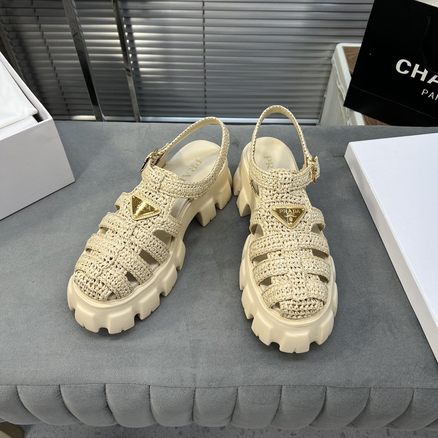 Luxury PradaMonolith Crochet Cage Sandals 55 Beige