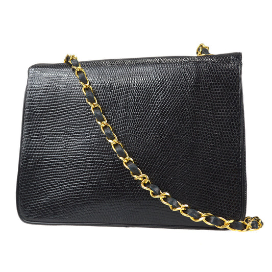 CHANEL * 1989-1991 Classic Square Flap 20 Black Lizard 87982