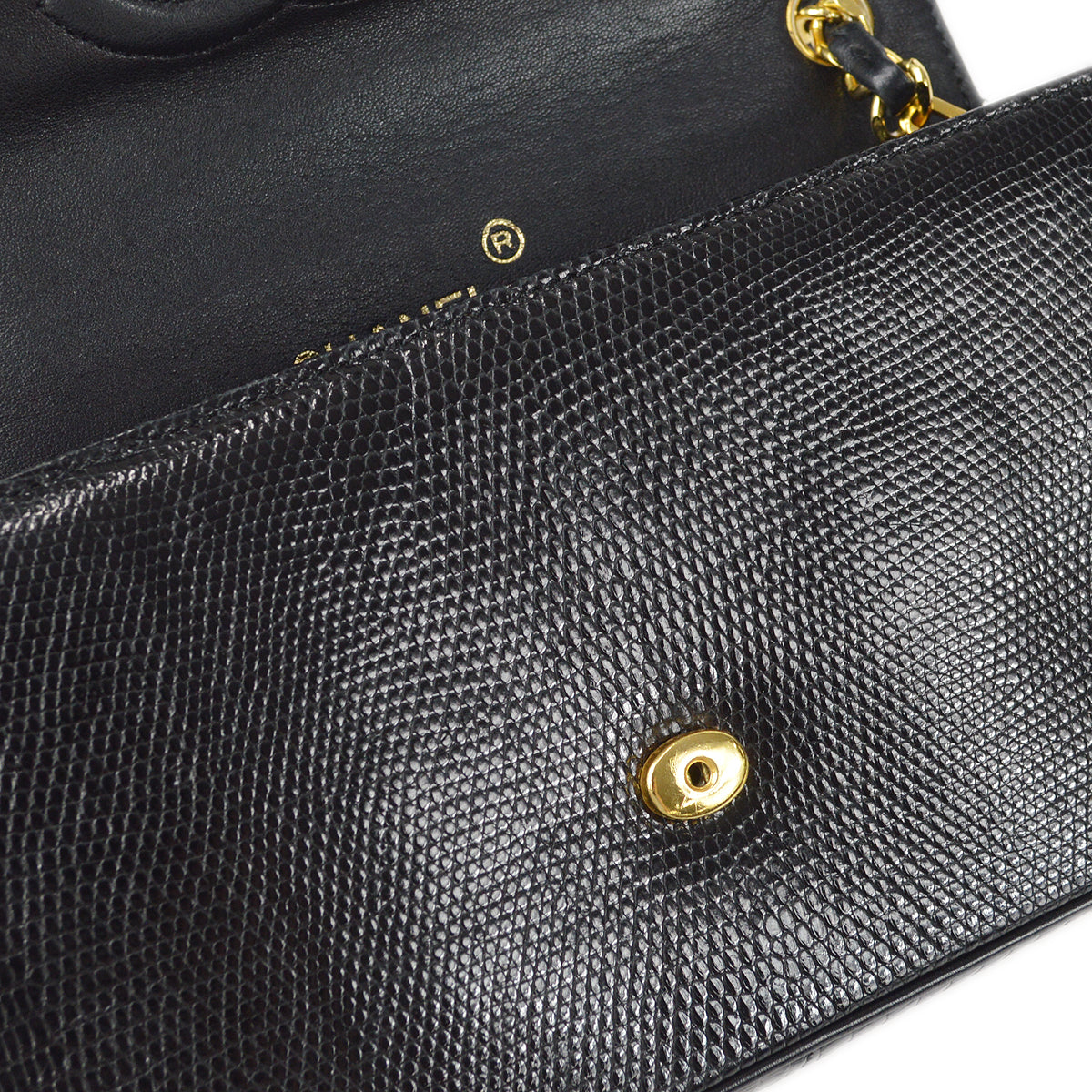 CHANEL * Straight Flap Chain Shoulder Bag Black Lizard 98558