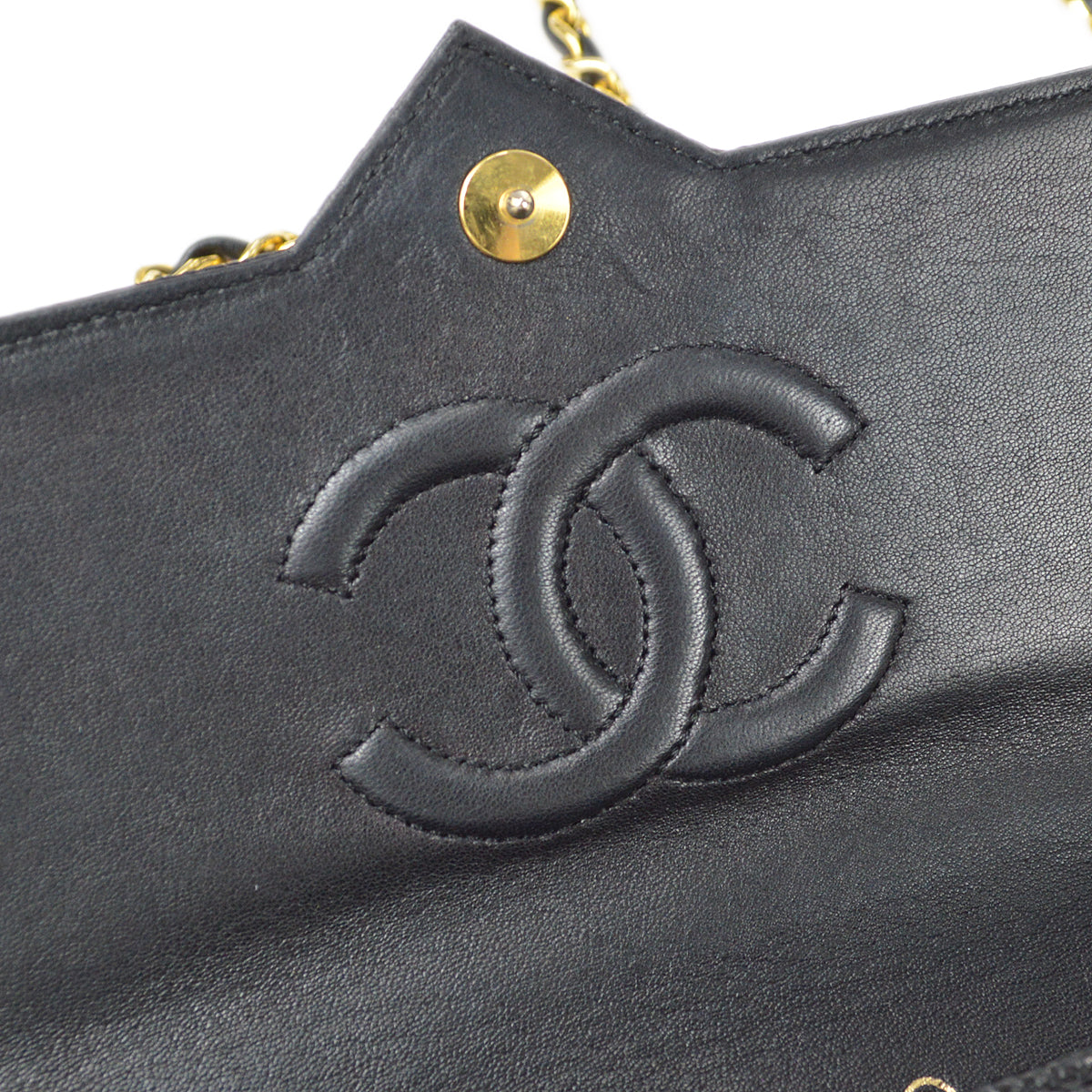 CHANEL * Straight Flap Chain Shoulder Bag Black Lizard 98558