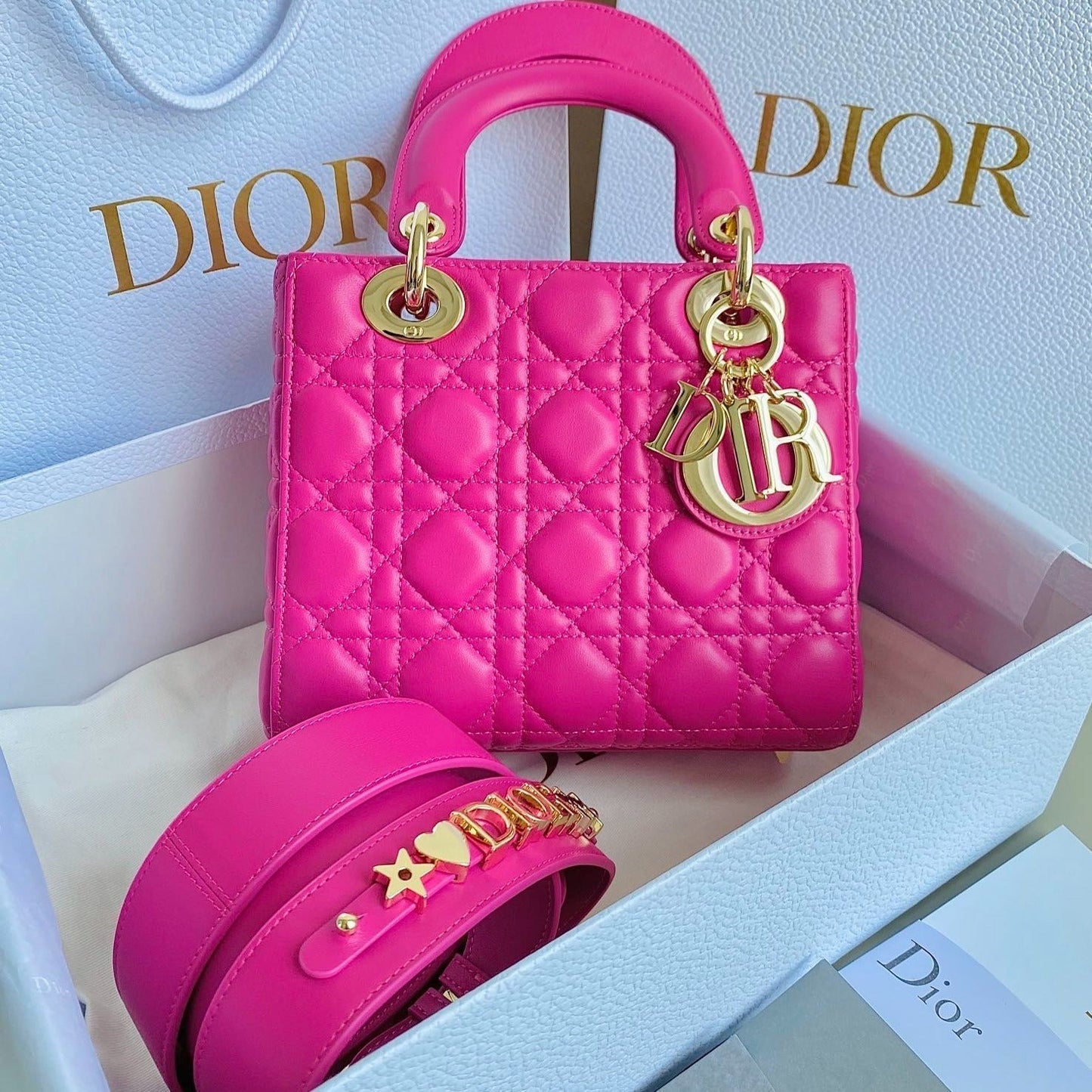Luxury DiorMEDIUM LADY 20 HANDBAG IN HOT PINK LAMBSKIN