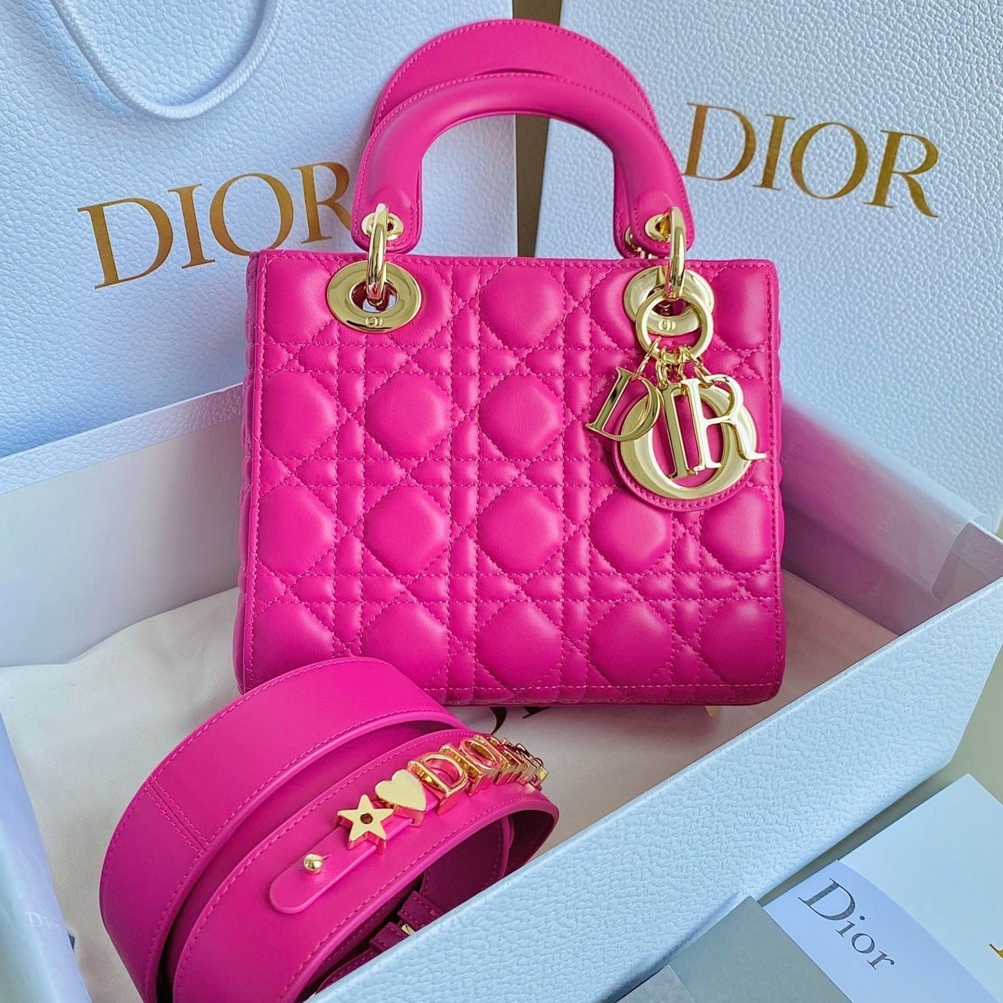 Luxury DiorSMALL LADY 20 DARK HOT PINK LAMBSKIN