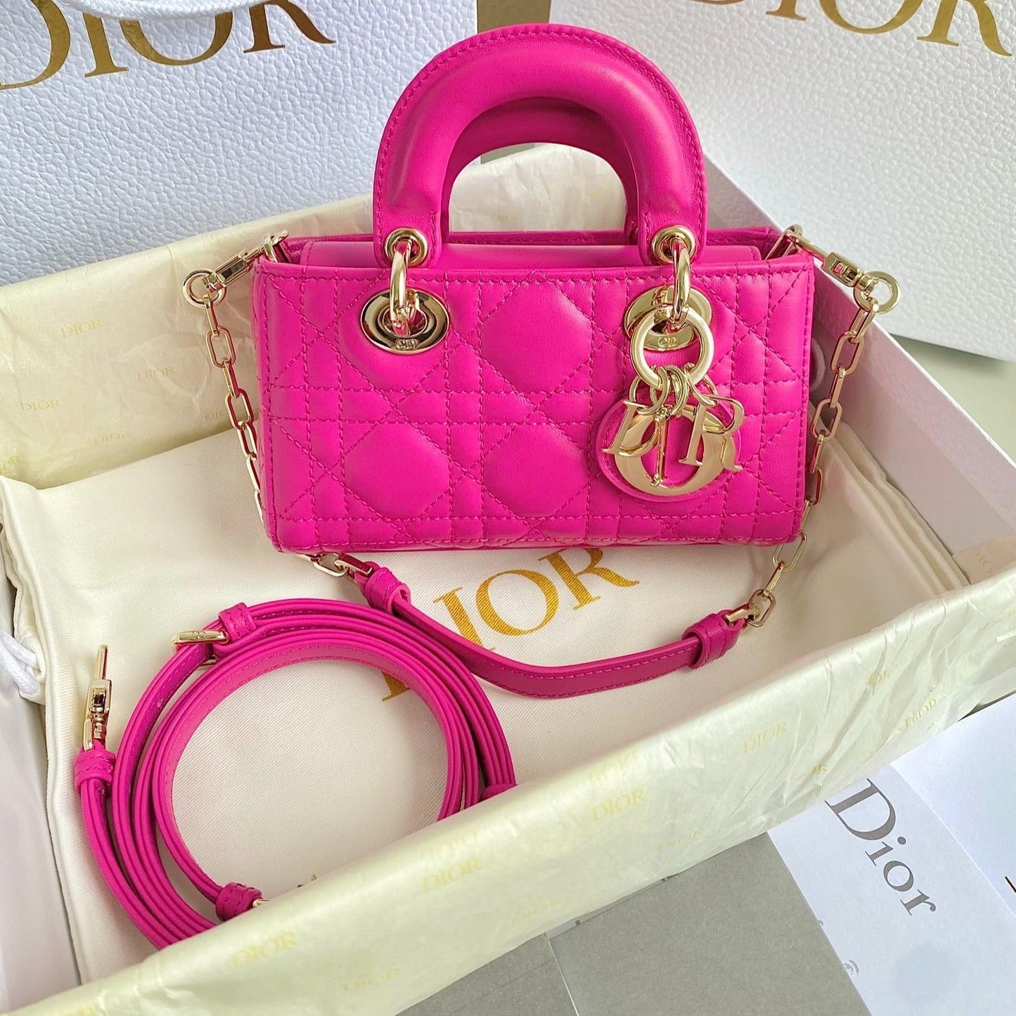 Luxury DiorMINI D-JOY BAG 17 IN HOT PINK LAMBSKIN