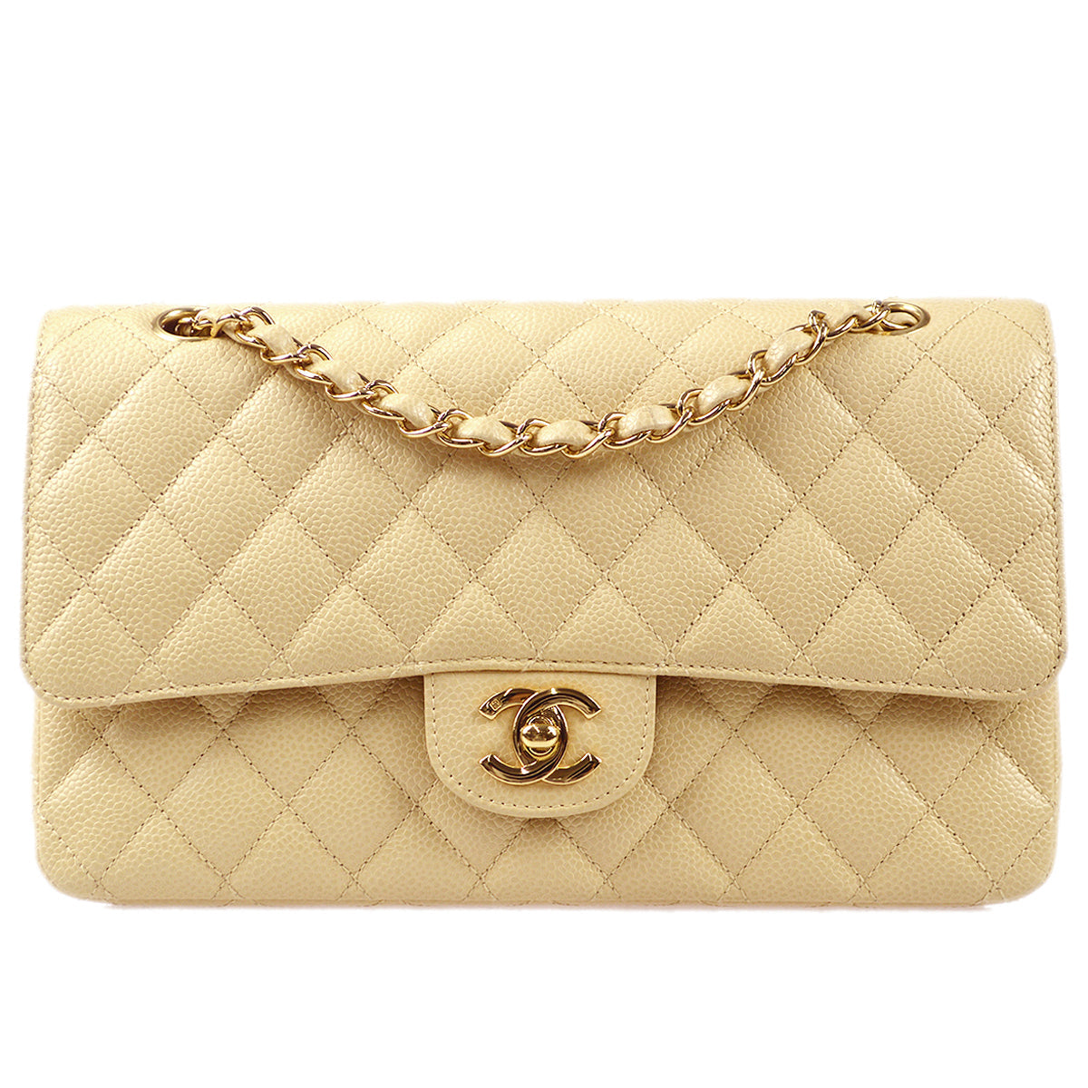 CHANEL 2004 -2005 Classic Double Flap Medium Beige Caviar 67705