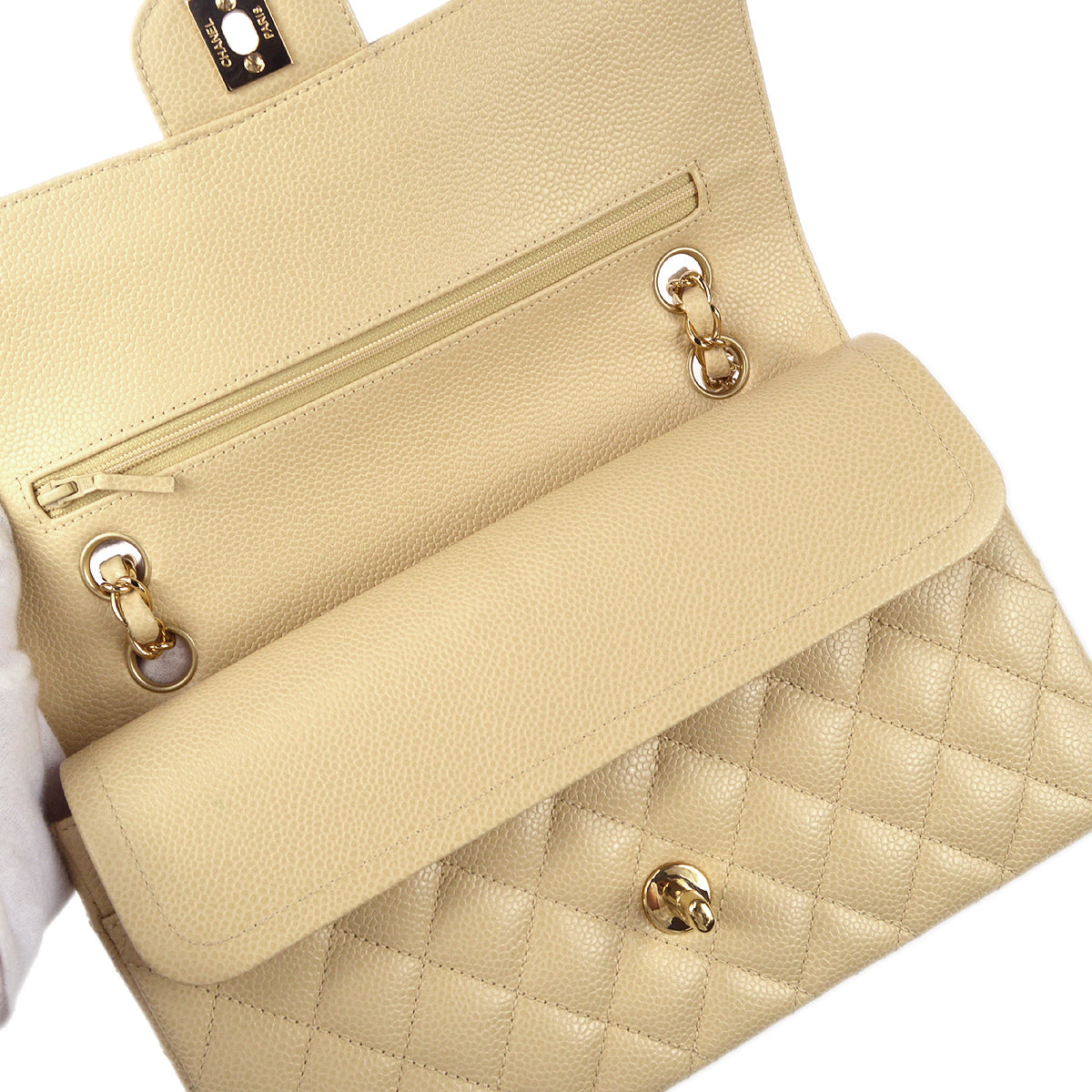 CHANEL 2004 -2005 Classic Double Flap Medium Beige Caviar 67705