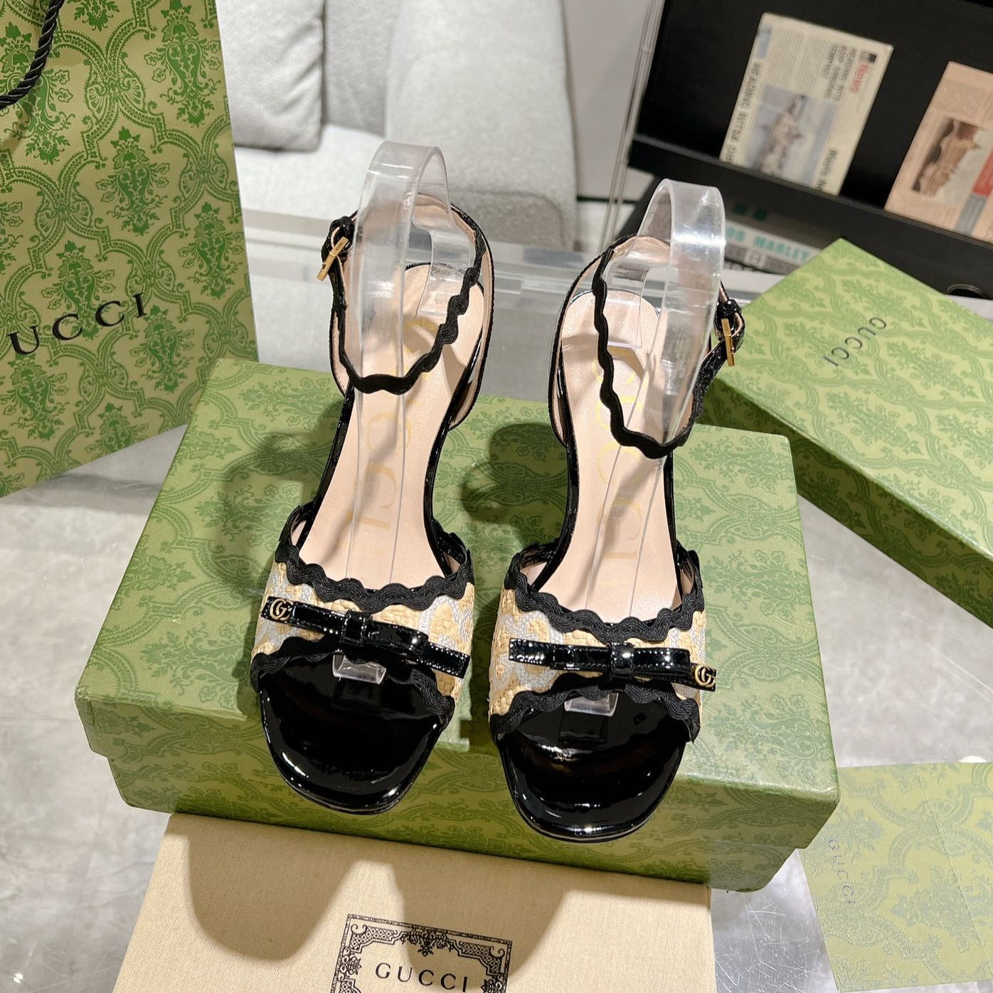 Luxury Gucci GG HIGH - HEEL SANDAL BLACK FABRIC ATTACH BOW