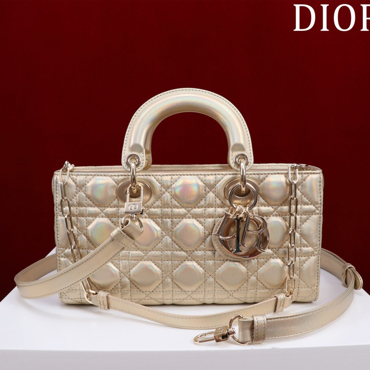 Luxury Diormedium lady d-joy 26 beige metalic lambskin