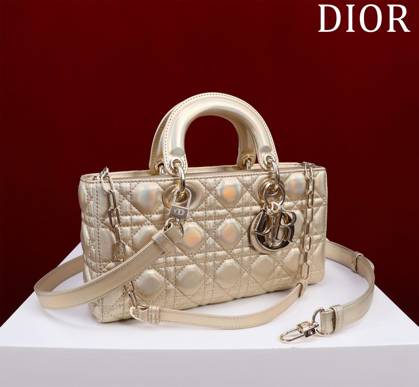 Luxury Diormedium lady d-joy 26 beige metalic lambskin
