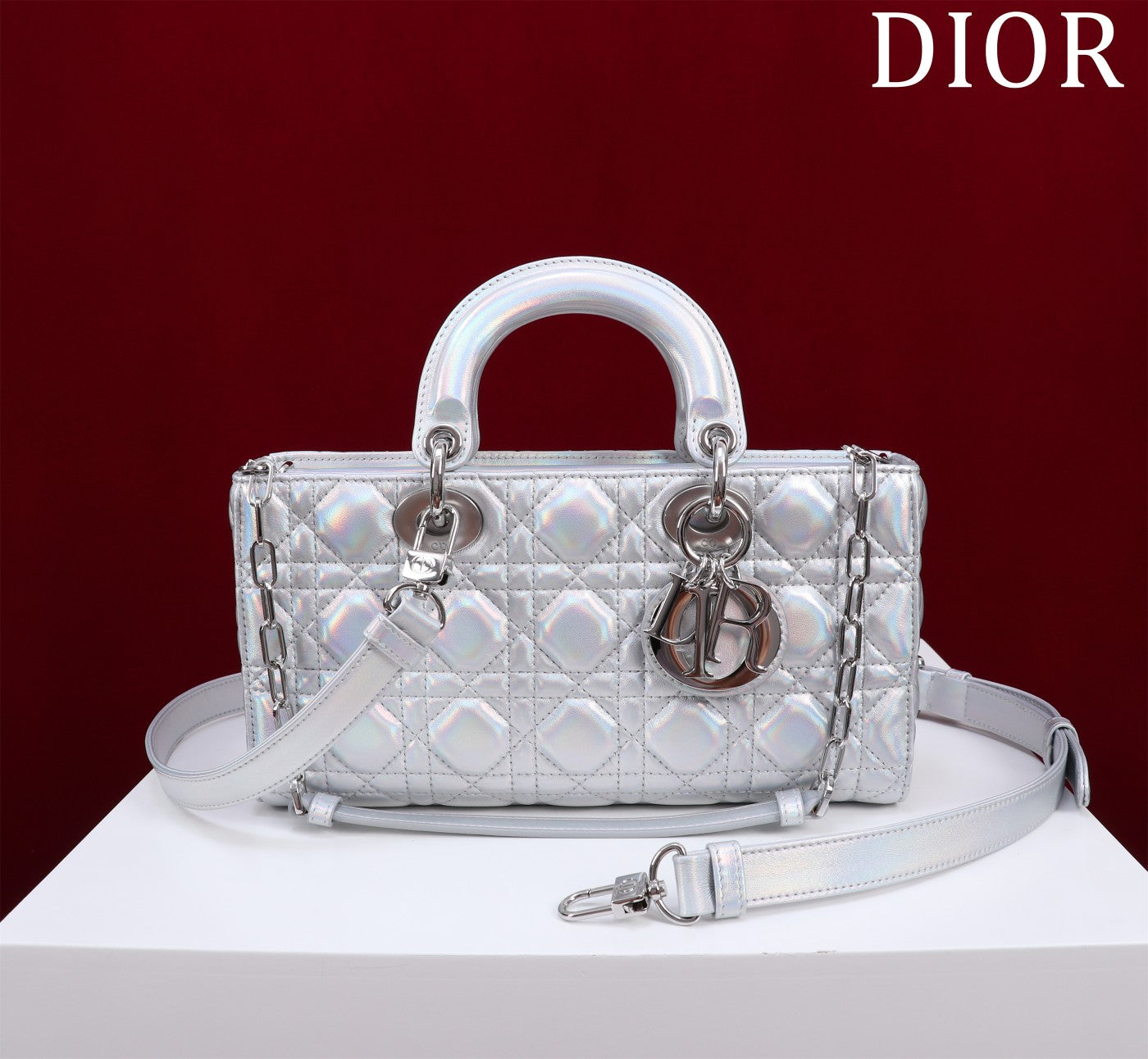 Luxury Diormedium lady d-joy 26 silver metalic lambskin